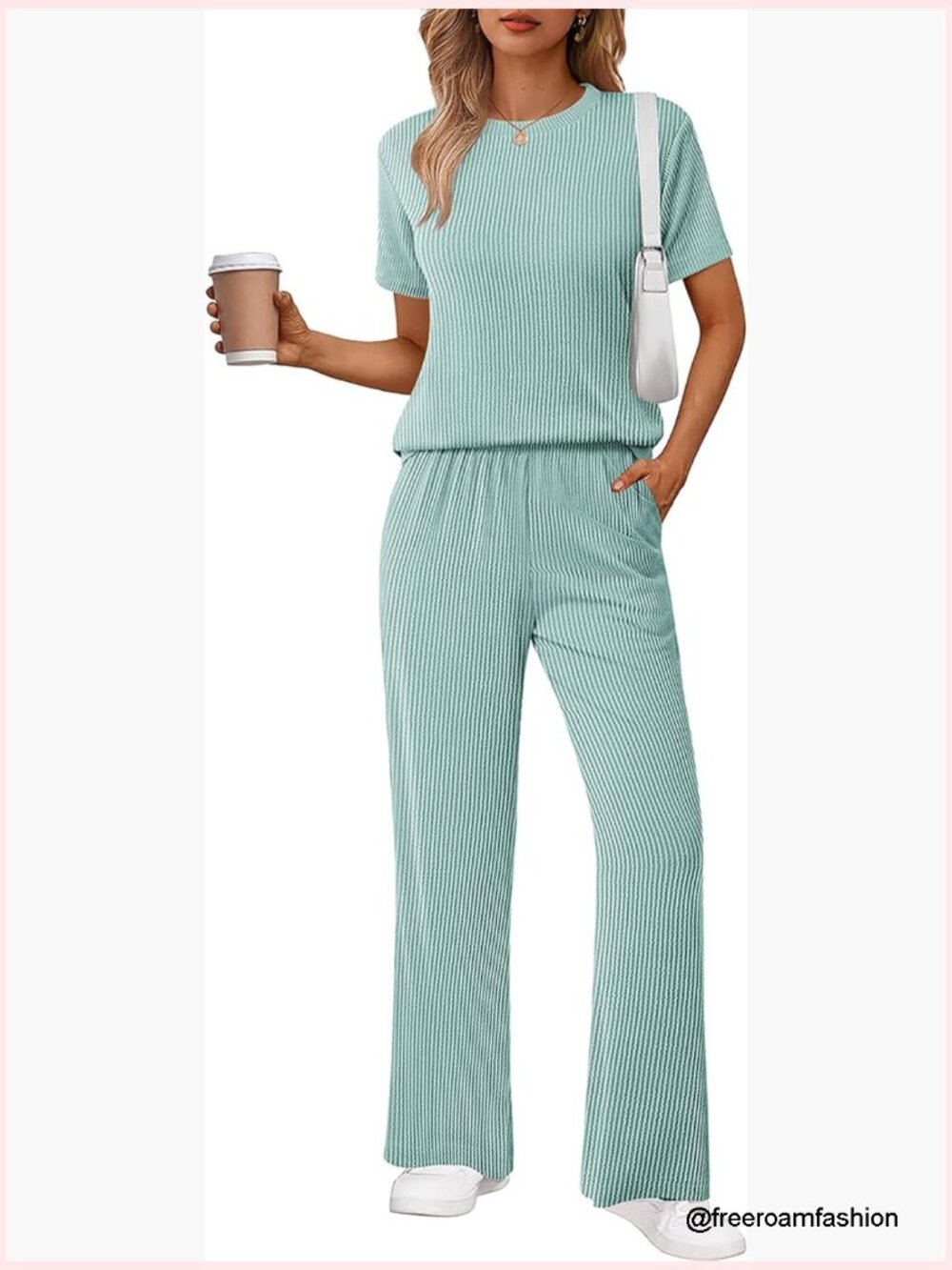 Women's 2 Piece Lounge Set Short Sleeve Top Wide Leg Pants Pockets Loose